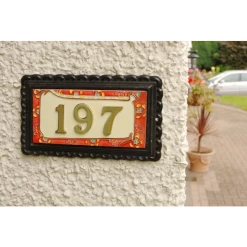 "Scarlett Garden" Large Black Iron & Ceramic House Sign