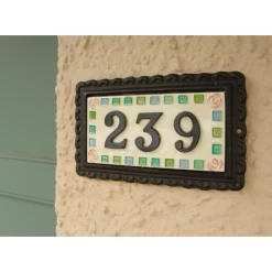 "Rose Mosaic" Large Black Iron & Ceramic House Sign