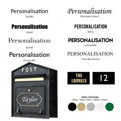 "Osteler Splendour" Black Wall Mounted Post Box With Gold Lettering -House Sign Discount Store bcmw product fonts lb1163 blk gld