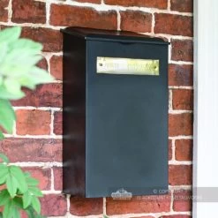 Large "Pevensey Square” Newspaper And Parcel Holder 11 Large "Pevensey Square” Newspaper And Parcel Holder -House Sign Discount Store black and brass newspaper box on brick wall