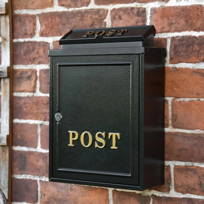 Black "Oxford" Wall Mounted Post Box With Gold Detail