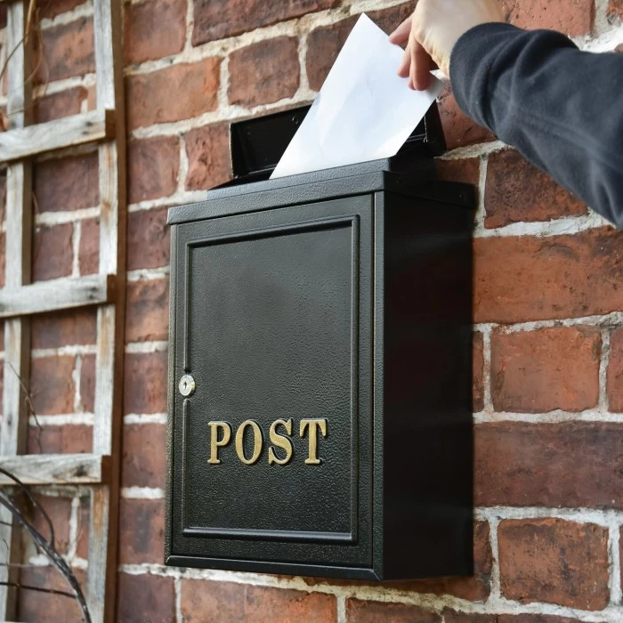 Black "Oxford" Wall Mounted Post Box With Gold Detail - Image 6