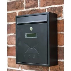 Black Rectangular Steel "POST" Wall Mounted Post Box With Lock -House Sign Discount Store black rectangular steel post wall mounted post box with lock 7