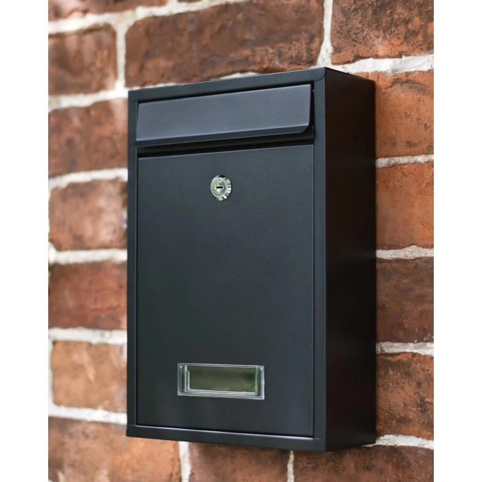 Black Slim Steel Rectangular Wall Mounted Post Box With Lock - Image 2
