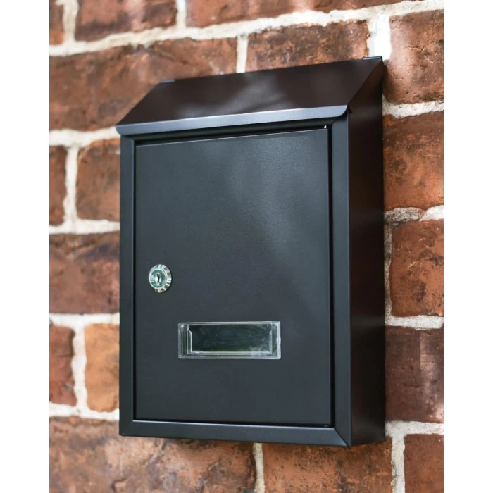 Black Steel Wall Mounted Post Box With Lock & Reflector Plate - Image 2