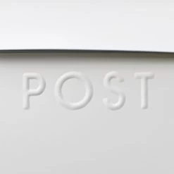 Cream Contemporary Post Box With Lock -House Sign Discount Store close up of the embossed lettering on the white post box