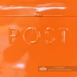 “Sunkissed Sienna” Orange Contemporary Post Box -House Sign Discount Store close up of embossed lettering on orange post box