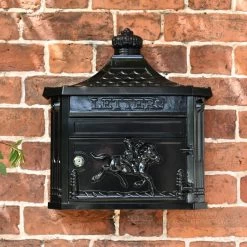 Plain Black Huntingdon Post Box -House Sign Discount Store front view of wall mounted huntingdon post box
