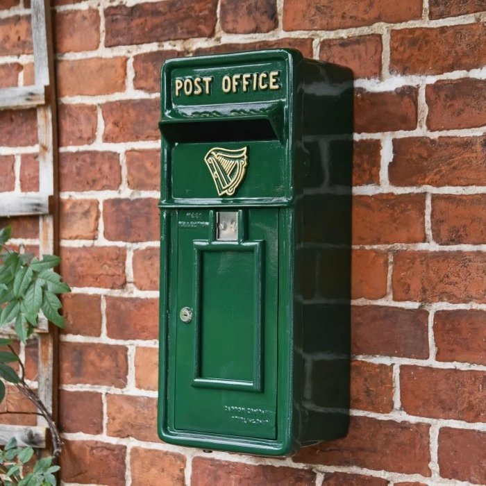 Green & Gold "Irish Harp" Slim Wall Mounted Post And Parcel Box