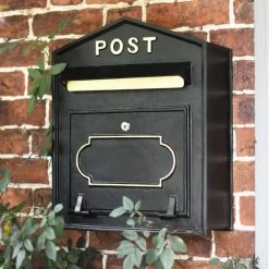 "Osteler Splendour" Black Wall Mounted Post Box With Gold Lettering