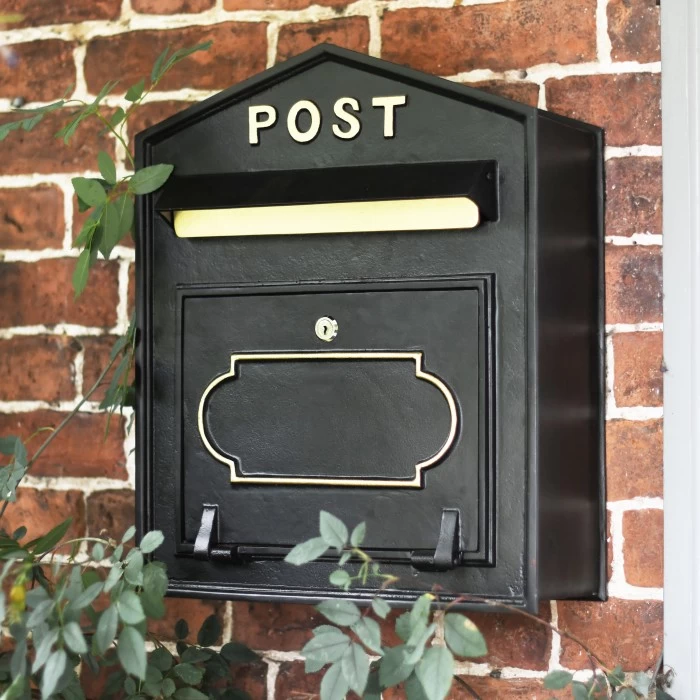 "Osteler Splendour" Black Wall Mounted Post Box With Gold Lettering