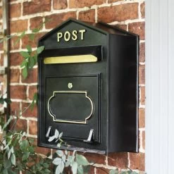 "Osteler Splendour" Black Wall Mounted Post Box With Gold Lettering -House Sign Discount Store lb1163 wall mounted cast iron post box 1