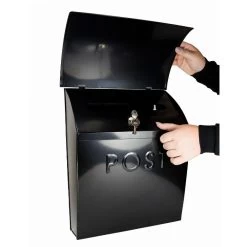 “Evening Hush” Black Berkley Post Box With Lock -House Sign Discount Store lock and lid open on contemporary post box in black 2