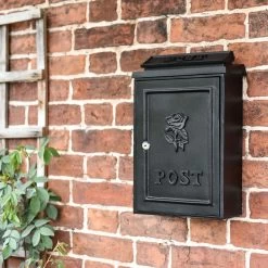 Deluxe Black "Tudor Rose” Wall Mounted Post Box -House Sign Discount Store manor house post box on brick wall