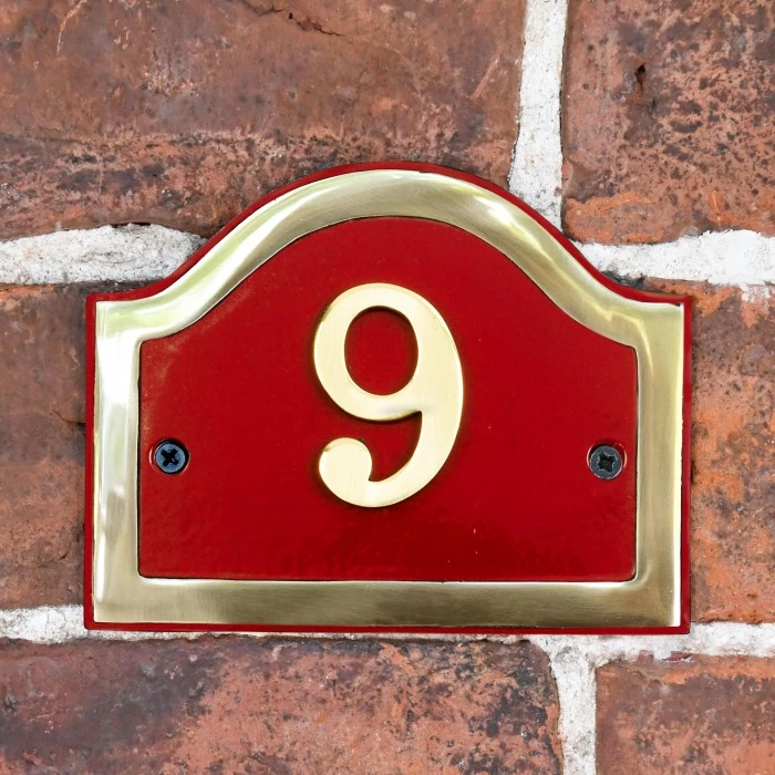 Arched House Number Sign - Claret & Brass 3 Arched House Number Sign - Claret & Brass