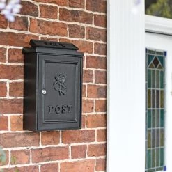 Deluxe Black "Tudor Rose” Wall Mounted Post Box -House Sign Discount Store tudor rose post box all black on brick wall