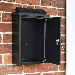 Deluxe Black "Tudor Rose” Wall Mounted Post Box -House Sign Discount Store tudor rose post box with door open black letters post