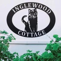 Sitting Cat Iron Oval House Name Sign -House Sign Discount Store ukhno181 oval sitting cat house sign 2