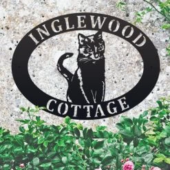 Sitting Cat Iron Oval House Name Sign