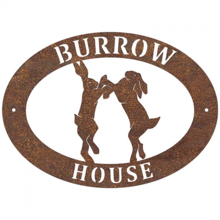 Rustic 'Boxing Hares' Iron Oval House Sign - Image 6