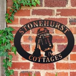 Black 'R2D2' Iron Oval House Name Sign -House Sign Discount Store ukhno331 oval r2d2 house sign 3