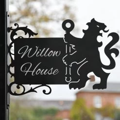 Lion & Staff Iron Bracketed House Name Sign - Slim Bracket -House Sign Discount Store ukhns468 lion with staff bracket house name sign 1 1
