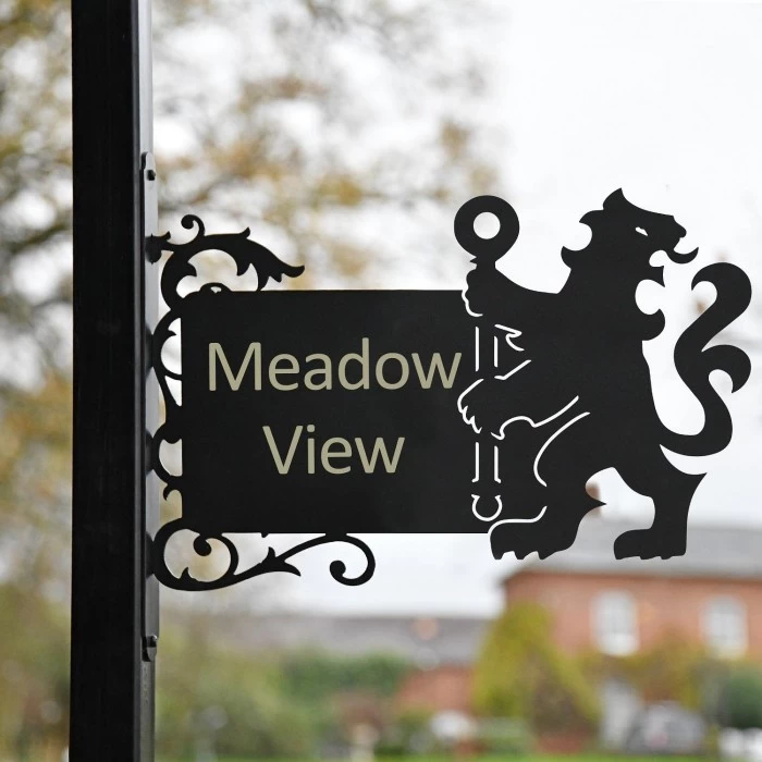 Lion & Staff Iron Bracketed House Name Sign - Slim Bracket