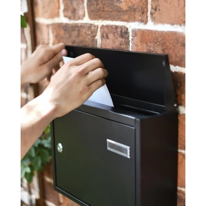 Wide Steel Black Wall Mounted Post Box With Lock & Reflector Plate - Image 3