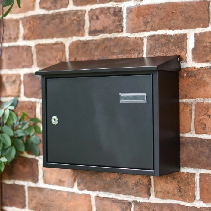 Wide Steel Black Wall Mounted Post Box With Lock & Reflector Plate